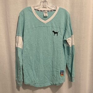 PINK Victoria's Secret Teal & White V‑Neck Long Sleeve Pullover